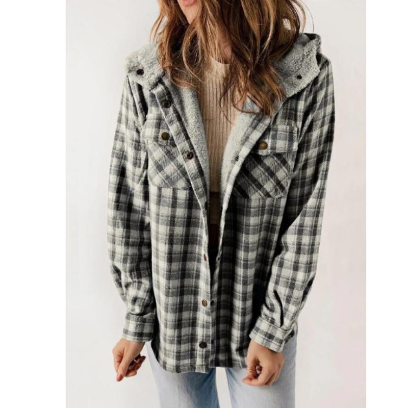 Women's Plaid Fashion Fleece Coats Winter Warm Hooded Fleece Jackets Casual Outwear Large Size Loose Comfortable Coat