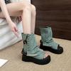 Design Denim Rivet Open-toe Cool Boots New Thick-soled Trouser Tube Boots Thin Boots Women's Shoes