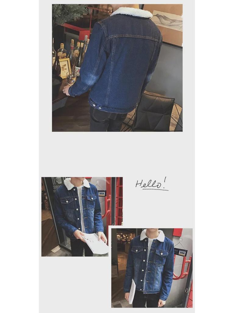 Мужская джинсовая куртка Slim Fit на зиму с подкладкой из бархата и овечьей шерсти