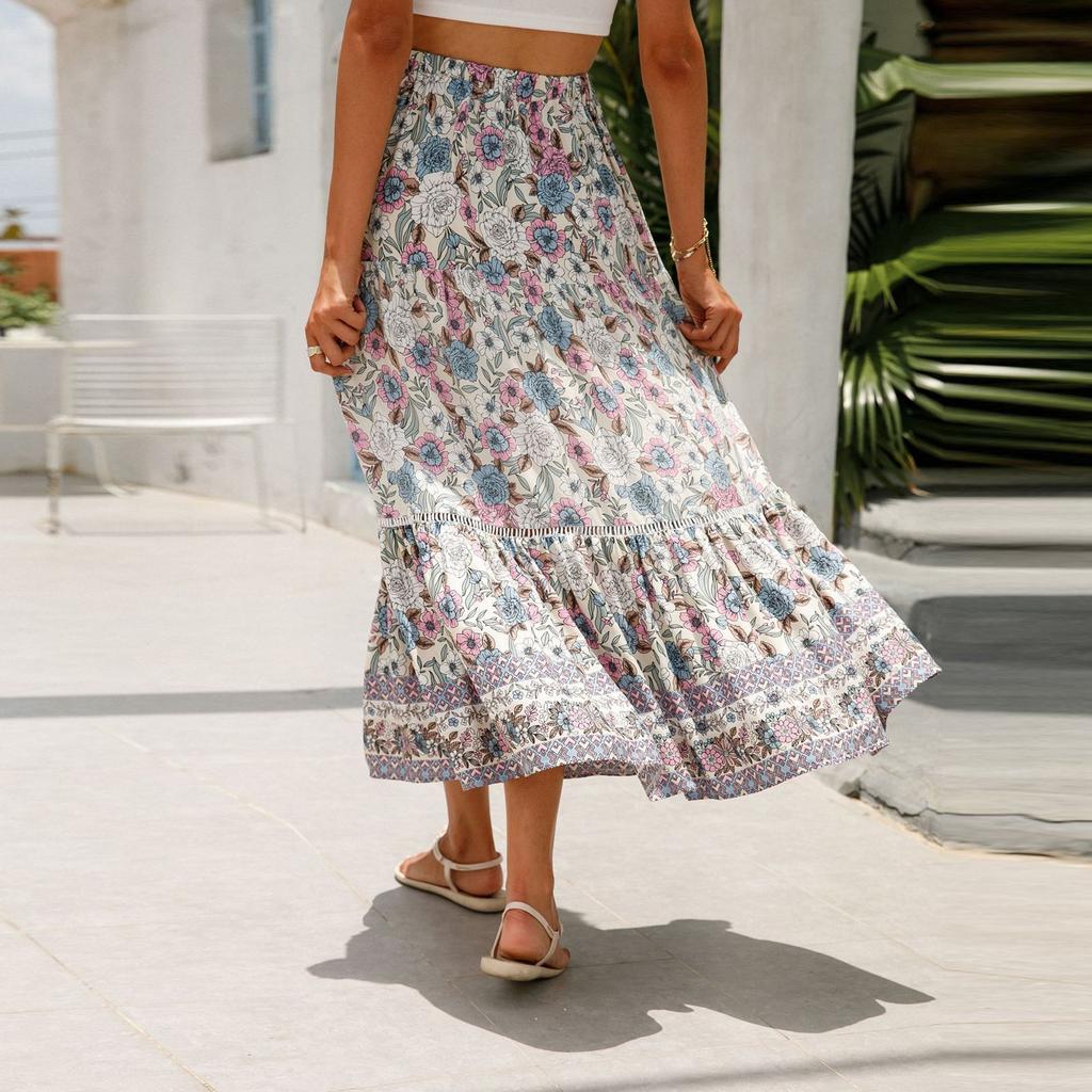 Женские юбки макси с цветочным принтом, летние платья-трубы, длинная плиссированная пляжная юбка А-силуэта
