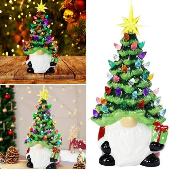 Lighted Up Gnomes Christmas Tree Figurine Small Prelit Faceless Old Man Christmas Tree with Multicolored Light for Home Room Fireplace Tabletop Decor