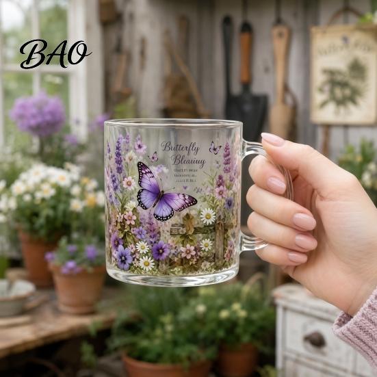 Garden Style Tea Cup Morning Glass Cup, Hummingbird Flower Pattern Tumbler with Gold Rim, Nature Elegant Edge Themed Glassware for Coffee Juice