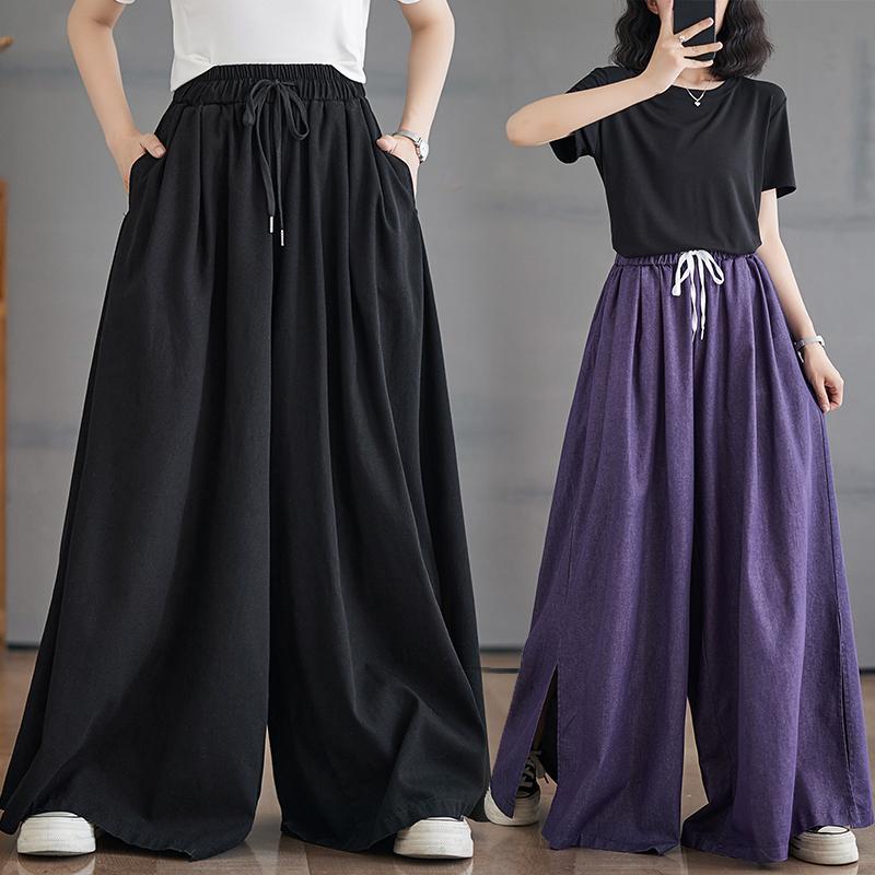 Dimanaf 2024 Summer Plus Size Women Long Pants Trousers Loose Wide Leg Pants Casual Solid Vintage Large Size Casual Pants