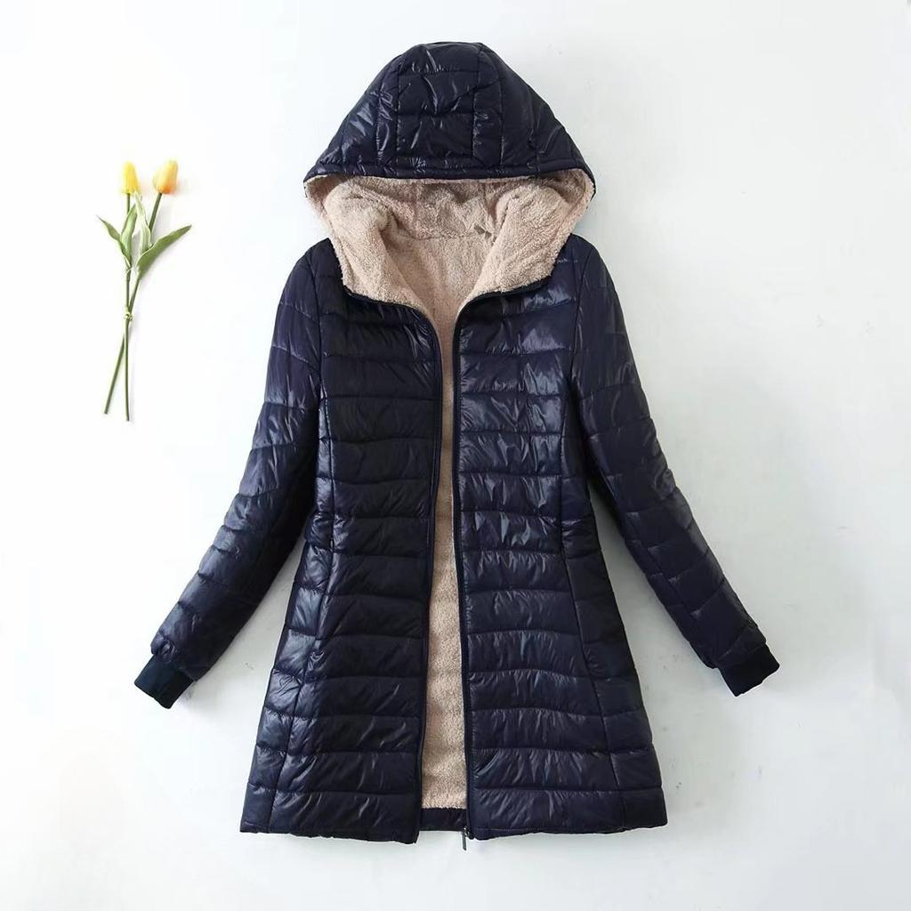 Autumn and Winter Thickened Plus Velvet Hooded Mid-length Slim-fit Warm Lamb Fleece Cotton Coat Women's Jacket