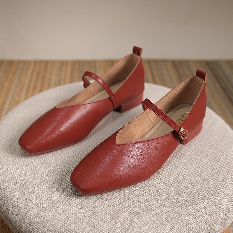 Woman Spring Casual Square Toe Low Soft Soled Shoes Lolita Ballerina Red Flats Female Elegant French Retro Buckle Mary Janes