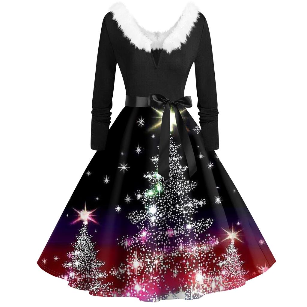 Женская мода с v-образным вырезом, повседневные тонкие рождественские платья с воротником из волос и длинными рукавами с принтом