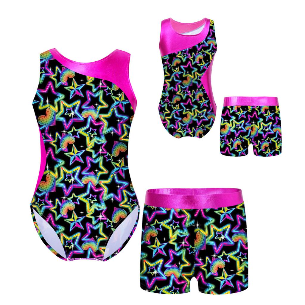 Детские спортивные комплекты для гимнастики, йоги, танцев для девочек, нарядный купальник с принтом и шорты, танцевальная одежда, наряды