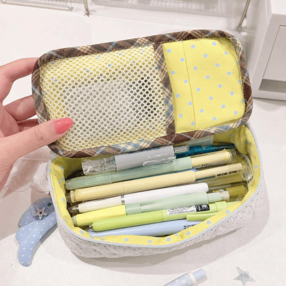 Quilted Pencil Case Heart Double Zipper Pencil Pouch Durable Stationery Pouch Students