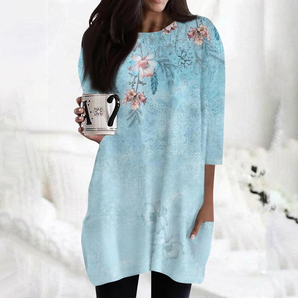 Женские повседневные рубашки с рукавами 3/4, модные туники с принтом, топы с карманами