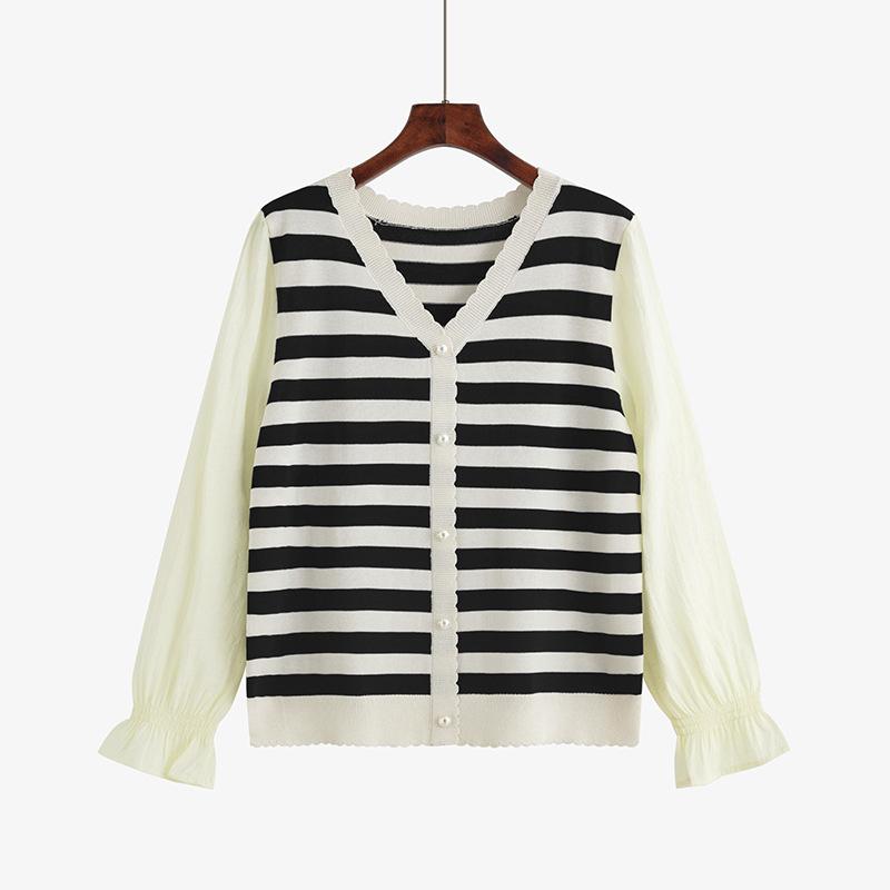 Женские топы с длинными рукавами и v-образным вырезом больших размеров, весенне-осенняя блузка, трикотаж в полоску