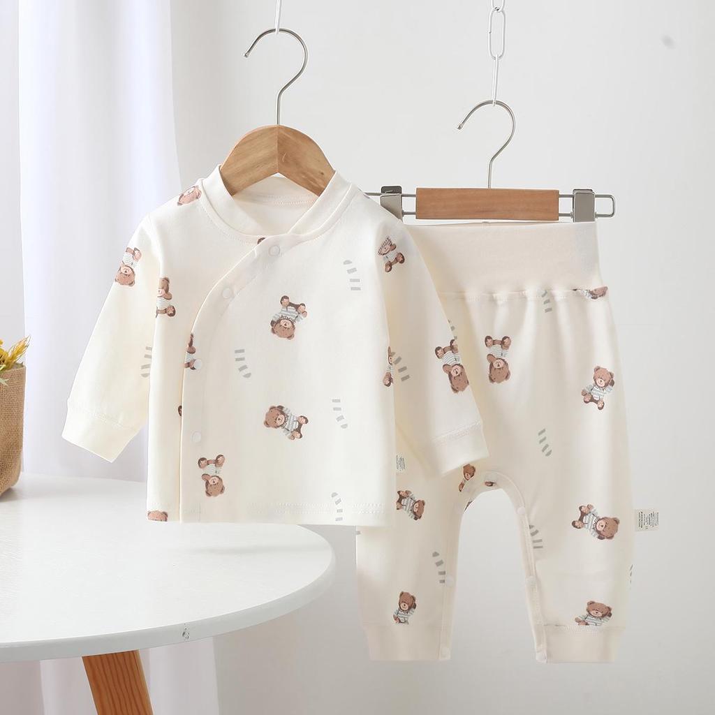 Комплект для новорожденных из чистого хлопка, осенне-весенний, с высокой талией и защитой животика