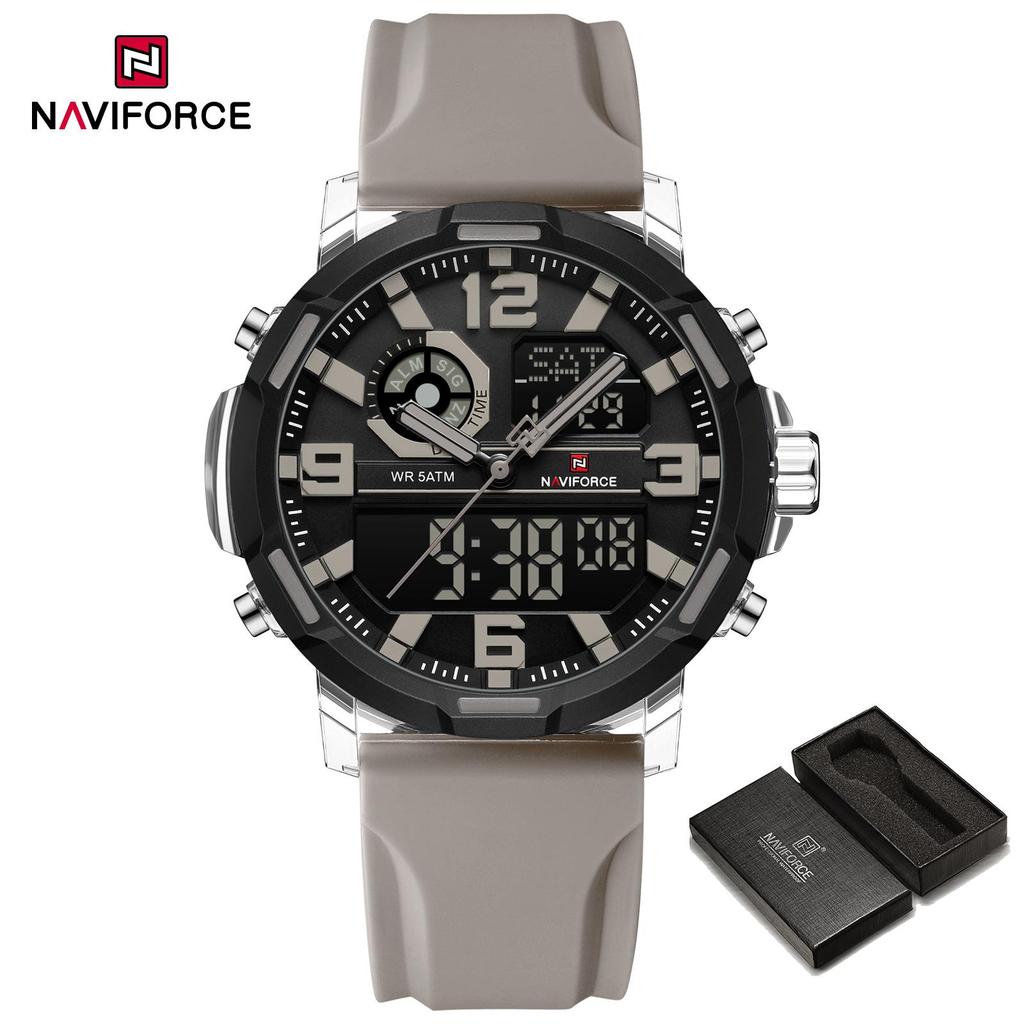 Naviforce Оригинальные мужские часы с двойным временем, кварцевый механизм, ЖК-дисплей, цифровые, силиконовый ремешок, водонепроницаемые, календарь, дата, ночной узор, мужские часы NF7130