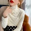 Velvet White Bottoming Shirt for Women, Autumn and Winter Style, Half-turtle Collar, Long-sleeved Lace, Versatile, Beautiful and Chic, Trendy Top