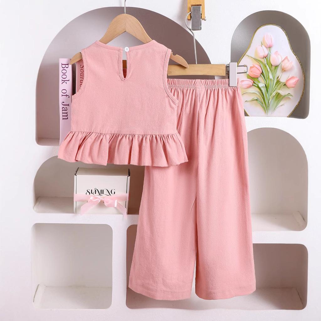 Летний детский комплект из двух предметов: топ без рукавов и брюки с милым бантом для девочек