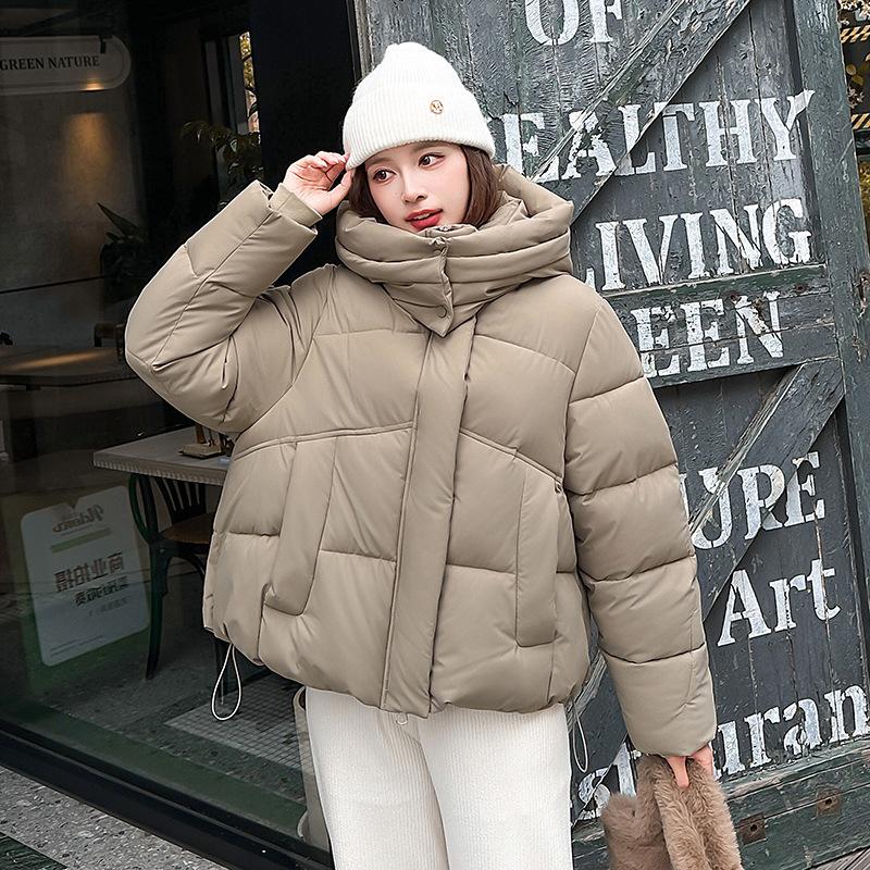 Winter short hooded bread clothes for women, loose shoulder drawstring hem cotton clothes, versatile and thickened small people