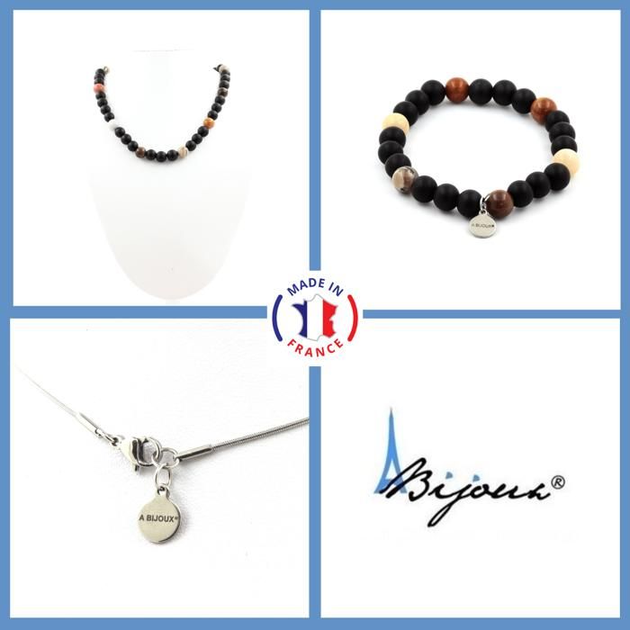 Pierres et Minéraux. Parure bijoux Bracelet Collier Perles bois pétrifié + Onyx noir mat 8 Taille personnalisable.