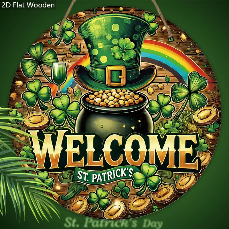 Улица. Деревянный знак «Горшок с золотом на День Святого Патрика», Круглый декор для входной двери, Подвесное украшение на стену с клевером и радугой - Идеально для Св.. День святого Патрика