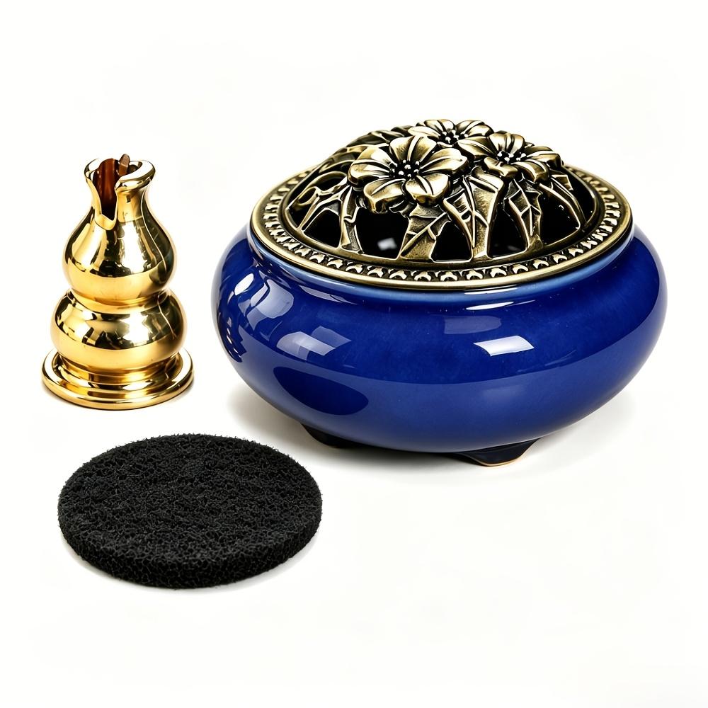Large kiln-fired ceramic incense holder set with vintage brass cover, includes fireproof mat, coiled incense tray and mesh cover