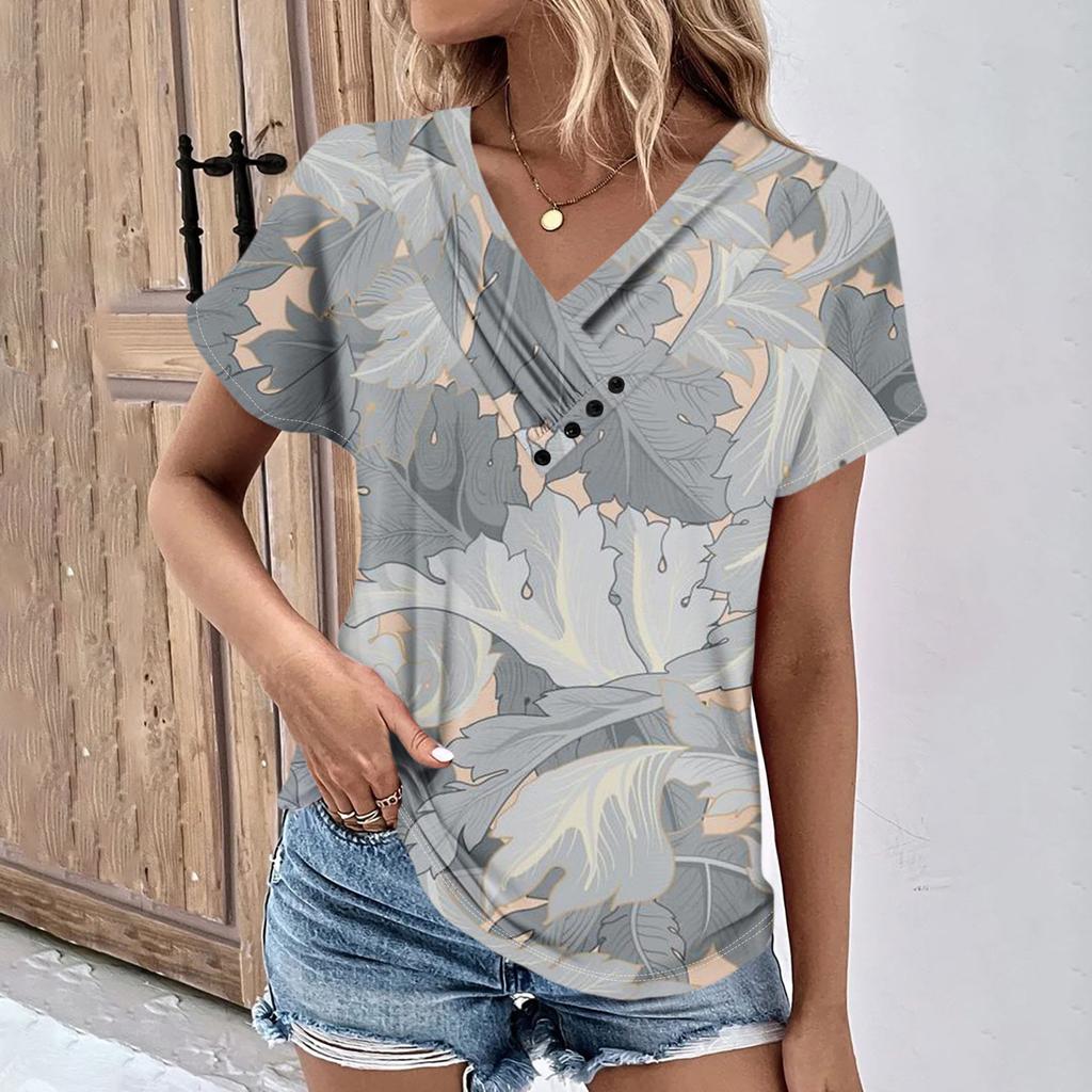 Летние женские топы с цветочным узором для женщин, удобные женские топы с v-образным вырезом и короткими рукавами, футболки большого размера