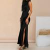 Women Prom Dress Sleeveless High Slim Waist Side Split Silky Mock Collar Solid Color Straight Ankle Length Evening Dress Prom Ball Maxi Dress