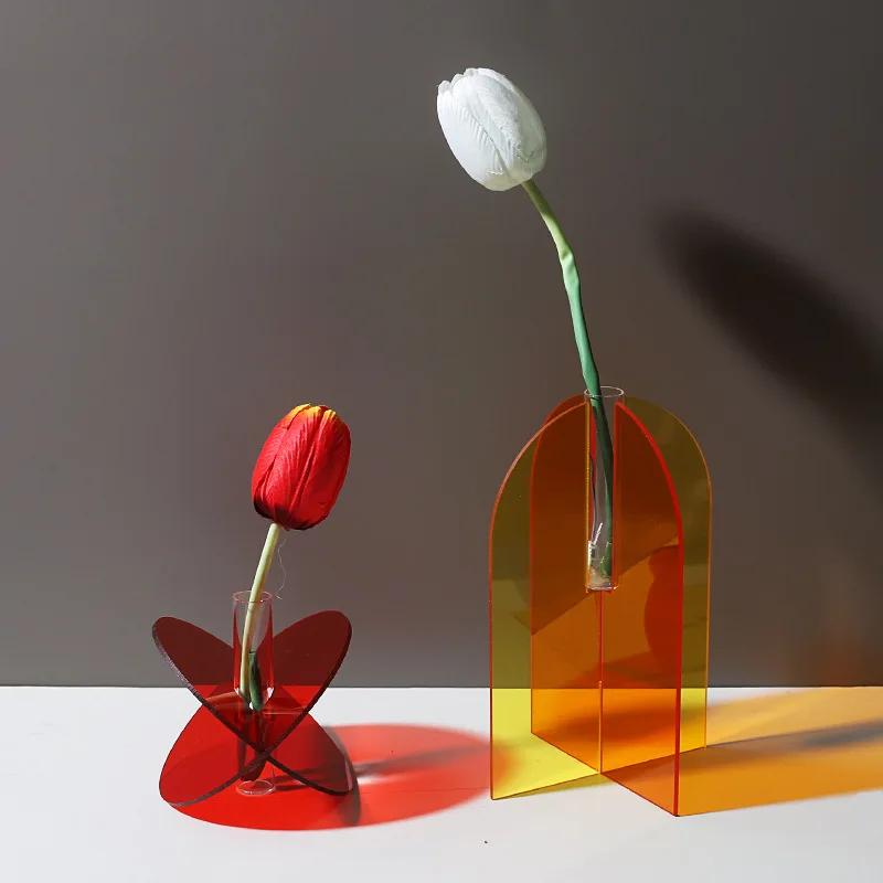 Nordic Colorful Acrylic Vases Desktop Ornaments Art Flower Arrangement Hydroponic Vase Container Living Room Home Decoration