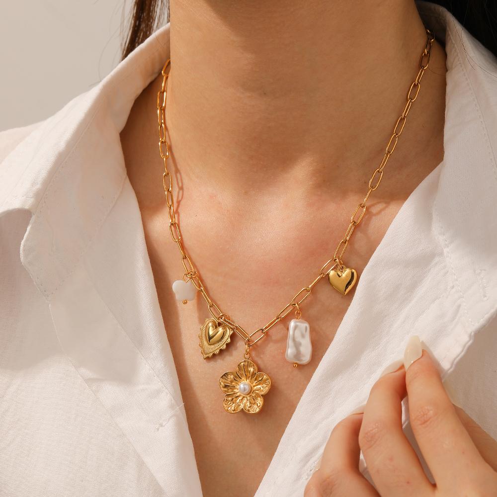 316L Stainless Steel Pearl Inlay Flower Butterfly Heart Pendant Necklace Women Classic Fascinating Neck Chain Jewelry