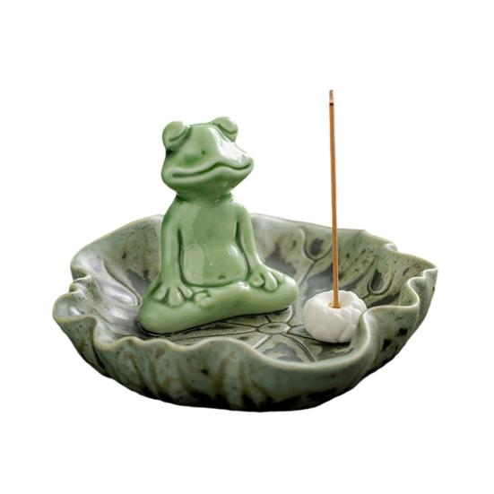 Meditation Frog Incense Stick Holder Ceramics Lotus Leaf Sitting Frog