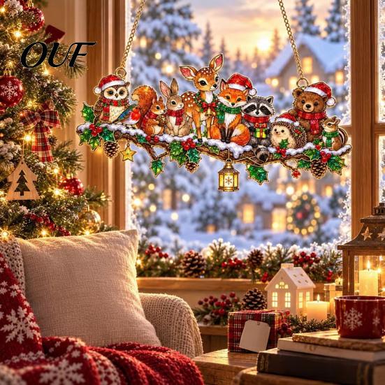 Christmas Tree Ornament Bird Window Hanging Ornament, Stained Glass Effect Suncatcher with Atmosphere Enhancing Art Metal Chain, Colorful Decorative