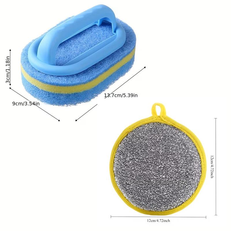 5 Pc Handle Cleaning Sponge Set, 3 Brushes and 2 Sponges, High Density Manual Scrubber for Kitchen, Bathroom, Tile, Glass