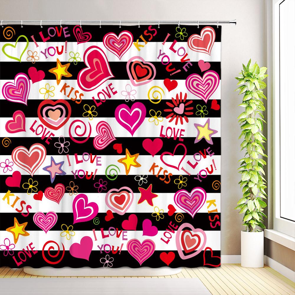Valentine's Day Shower Curtain Romantic Red Love Hearts Flowers Abstract Modern Bathroom Decor Fabric Bath Curtains with Hooks