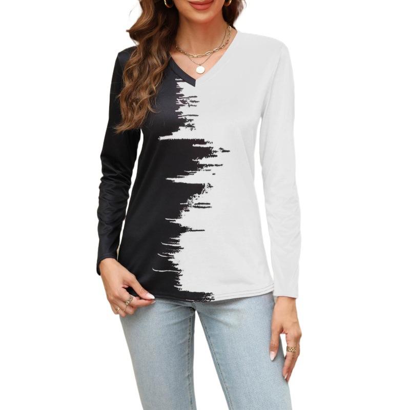Весенне-осенняя женская блузка с v-образным вырезом и принтом, топ с длинными рукавами