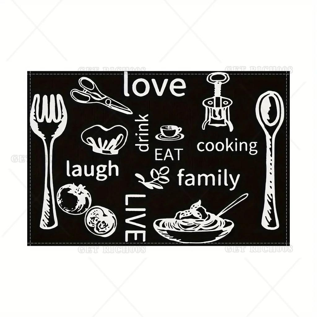 1PC Linen Table Pad with Black and White Knife and Fork Pattern Non-Slip Easy To Clean Decorative Placemat