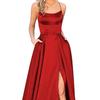 Evening Dress Spaghetti Strap High Slit Off Shoulder Backless Sleeveless Side Pockets A-line Floor Length Satin Pure Color Prom Banquet Party