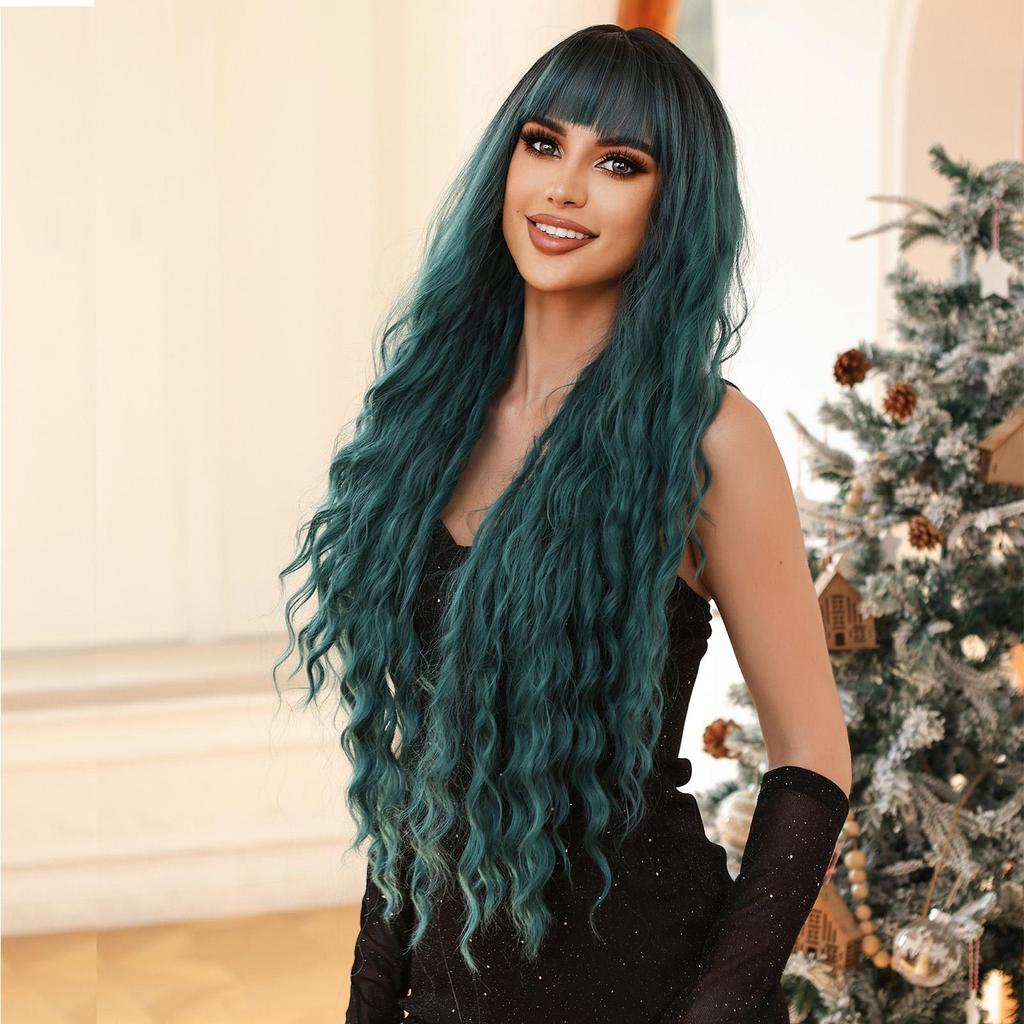 ALAN EATON Супер длинные зеленые парики с эффектом омбре, волнистый вьющийся синтетический парик с челкой для женщин, косплей, вечерние, повседневные, термостойкие волокна, парики