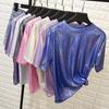 Women Performance T-shirt Round Neck Short Sleeve Loose Fit Glittery Reflective Tee Shirt Party Dance Pullover Tops