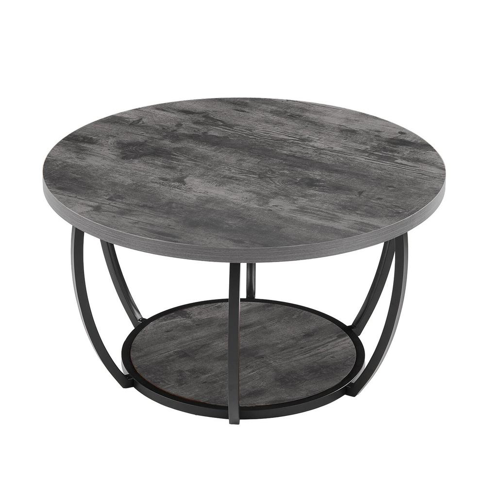 Coffee Table, Modern Round Coffee Table, 2 Tiers Wooden Circle Center Desk with Open Storage, Minimalist Sturdy Metal Frame Accent End Desk for Living