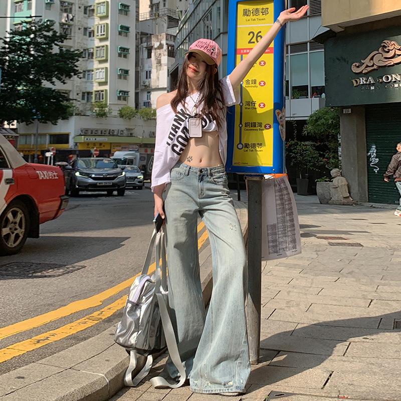 Ленивые рваные джинсы для женщин Весенние свободные джинсы средней талии с широкими штанинами для женщин Широкие джинсы для женщин Рваные джинсы для женщин Похудение