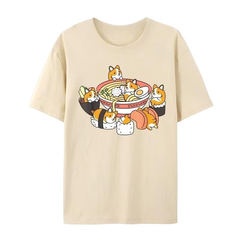 Raunisex Sushi Corgi Dog Graphic Tee Unisex Novelty Japanese Y2k Grunge Streetwear Casual Summer Short Sleeve Tshirt