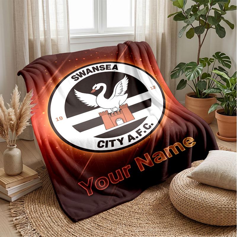 Swansea City FC Custom Name Text Flannel Blanket Soccer Logo Personalized Fleece Throw Blanket Special Gift For Sofa Bedroom Home