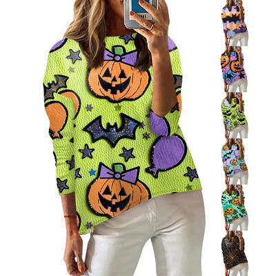 Женская футболка с принтом, длинный рукав, повседневная, выходного дня, модная, с заниженной линией плеч, с круглым вырезом, блузка