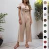 Women's Summer Casual Holiday Style Hundred Solid Colours V-Neck Waist Button Pocket Bubble Sleeve Jumpsuit