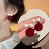 Autumn Winter Vintage Temperament Bow Japanese Korean Niche Red Flocking Rose Earrings Jewelry Gift