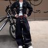 Womens Denim Streetwear Set: Hooded Zip-Up Jacket With Snap Buttons Straight Leg Jeans