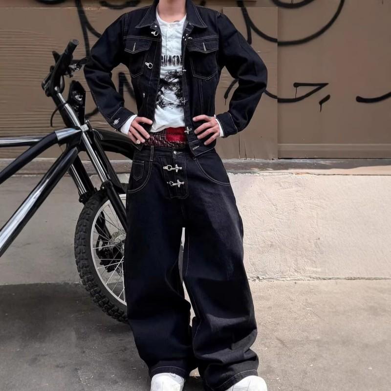 Womens Denim Streetwear Set: Hooded Zip-Up Jacket With Snap Buttons Straight Leg Jeans
