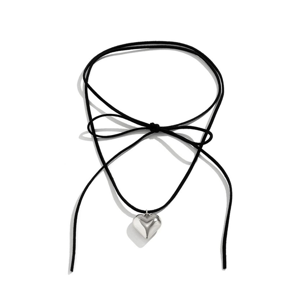 Adjustable Velvet Bowknot Choker Neck Tie Chain Heart Pendant Necklace Jewelry Elegant Clavicle Chain Necklace