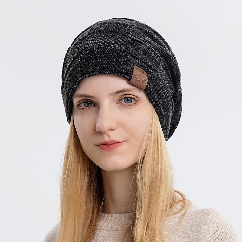 Slouchy Winter Warm Unisex Fleece Plush Lined Checkered Knit Slouchy Hats Thick Skull Chunky Beanie Cap