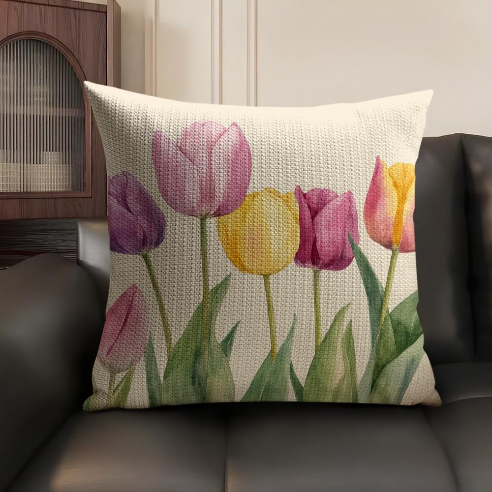 Tulip Flower Cushion Cover Breathable Linen Organic Fabric DoubleSided Printing Sofa Pillow Case Home Decor