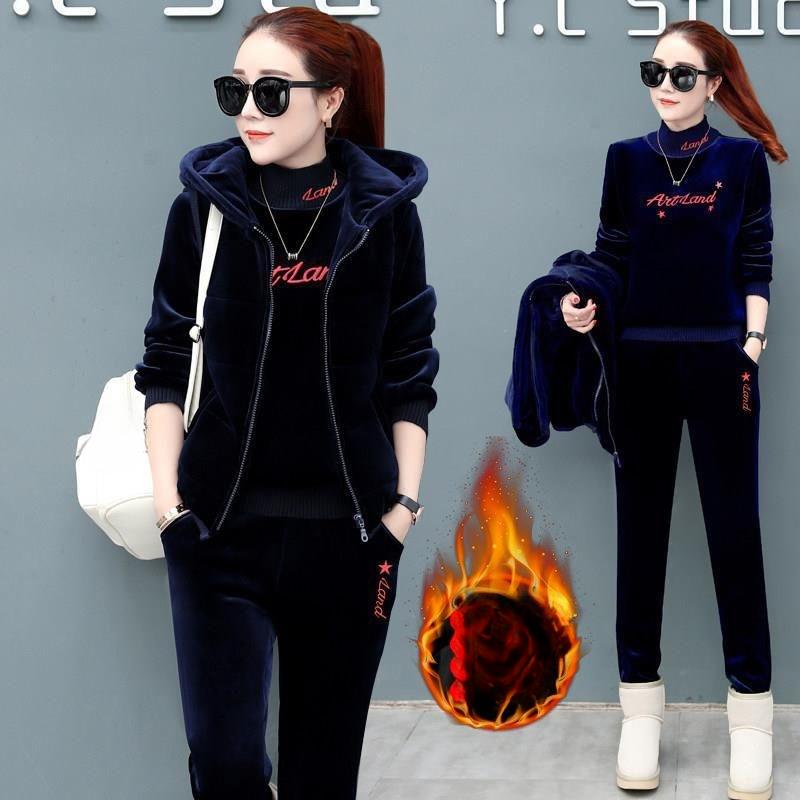 Плюс бархат утолщенный золотой бархат зимний теплый двухсторонний бархатный повседневный жилет свитер спортивный костюм-тройка для женщин