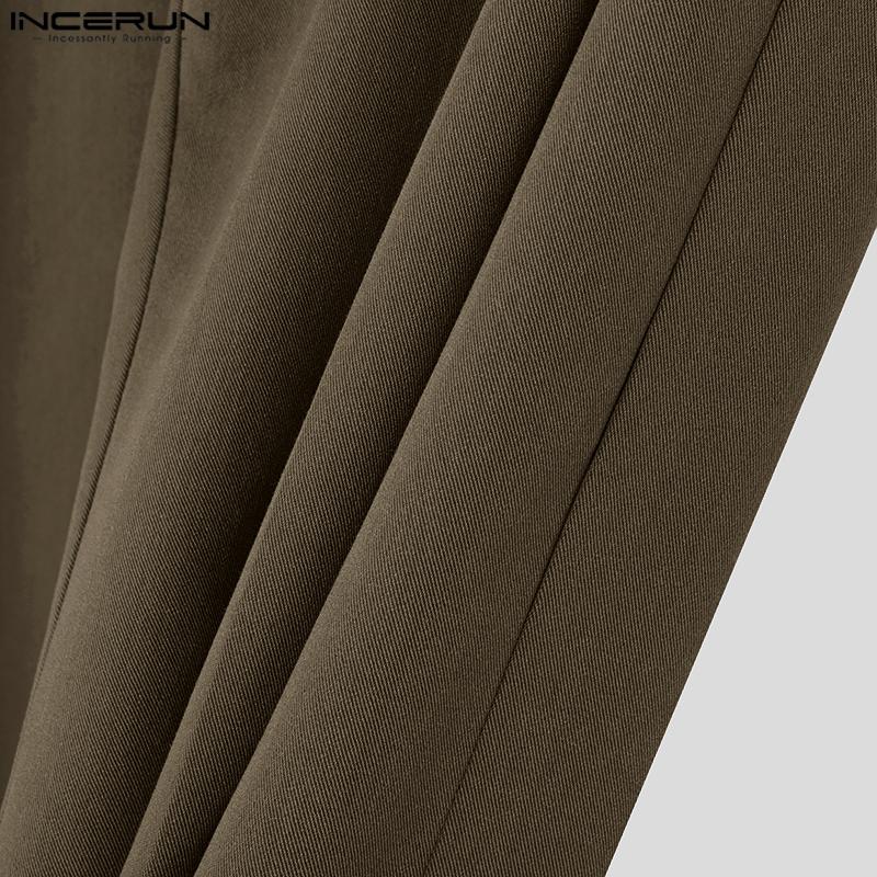 INCERUN Мужские прямые брюки с высокой талией на молнии, однотонные повседневные свободные длинные брюки