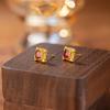 Retro Geometric Red Zirconium Square Stud Earrings Femininity Light Luxury French Small Sugar Cube Earrings